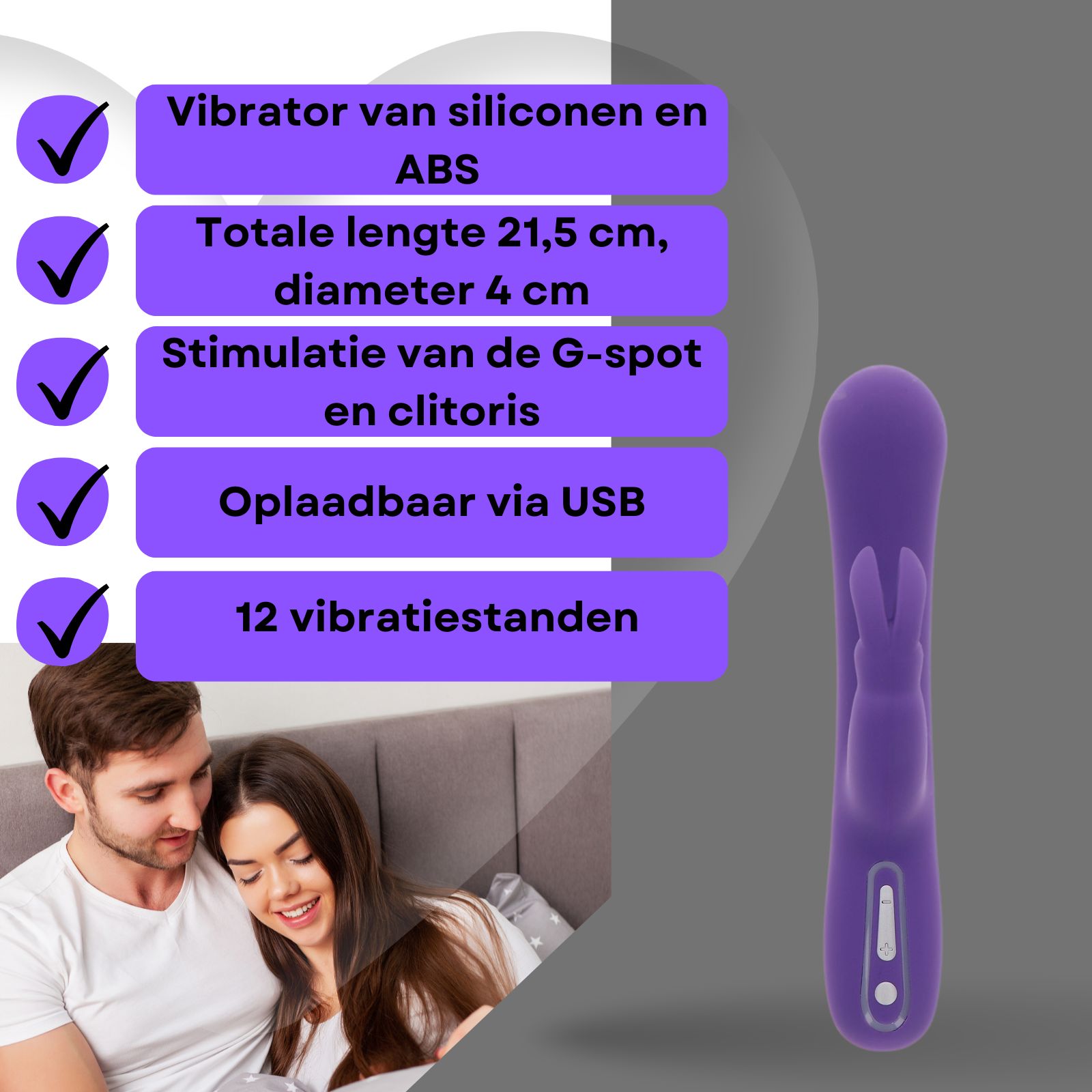 Paarse vibrator. Siliconen en ABS. 21,5 cm lang, 4 cm diameter. G-spot & clitoris stimulatie. USB. 12 standen.