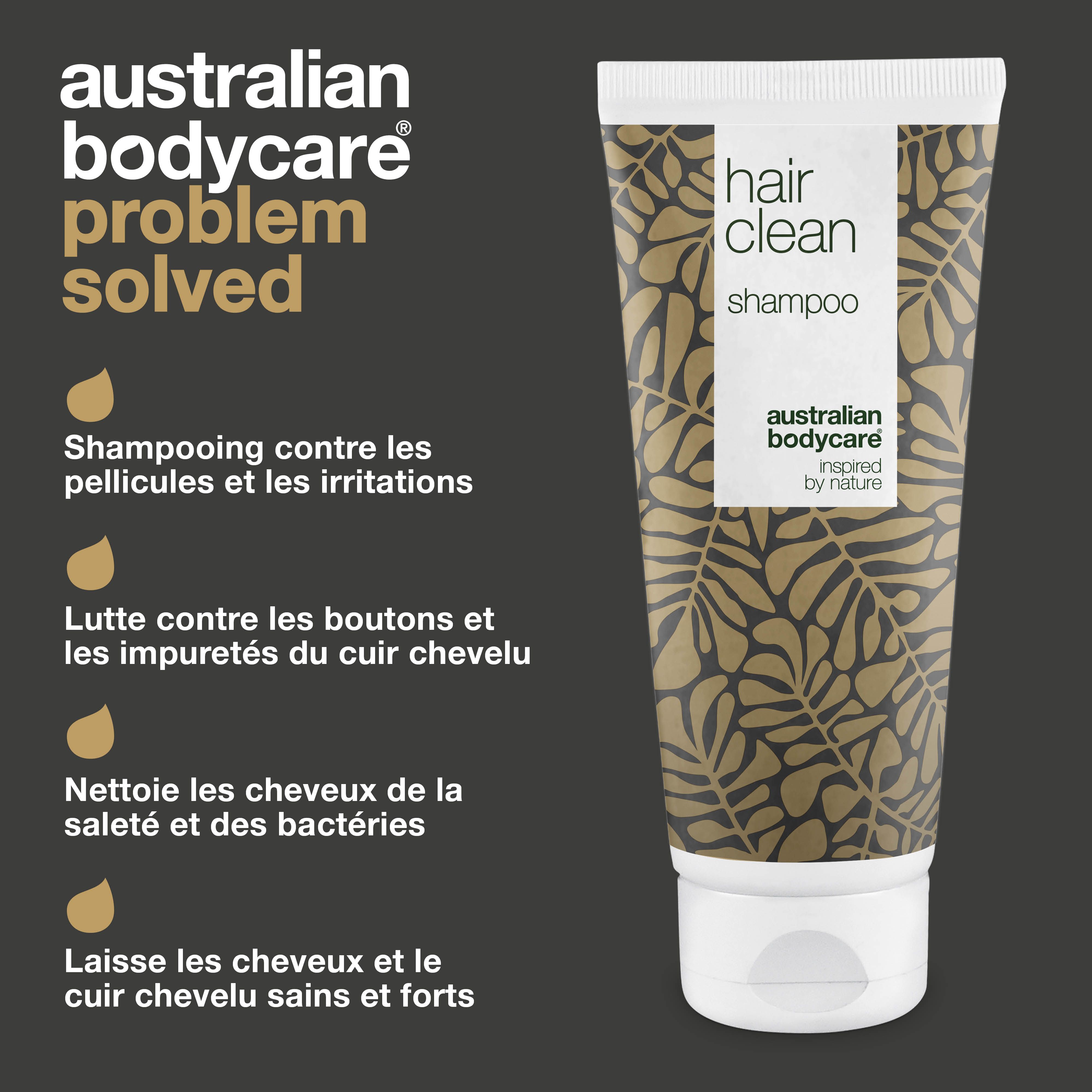 Tube "hair clean shampoo". Texte sur les avantages. Logo "Australian Bodycare".