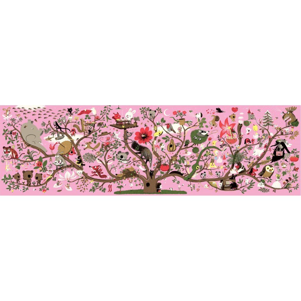 Illustration d'un arbre avec de nombreux animaux, fruits et objets sur fond rose.