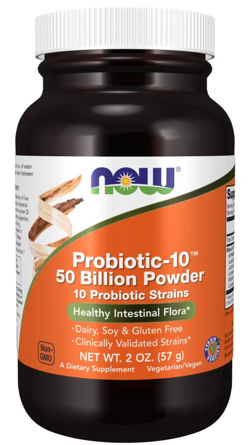 Bruine pot met witte deksel. Label met "NOW" logo, "Probiotic-10" en "50 Billion Powder". Bevat 10 probiotische stammen.