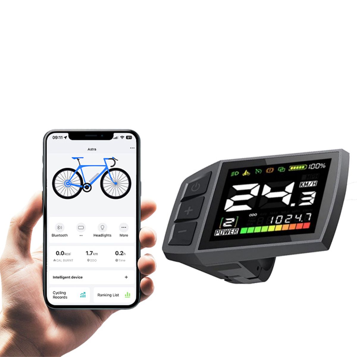 Smartphone met app en fietssymbool. Digitaal display met snelheid, vermogen en gegevens.