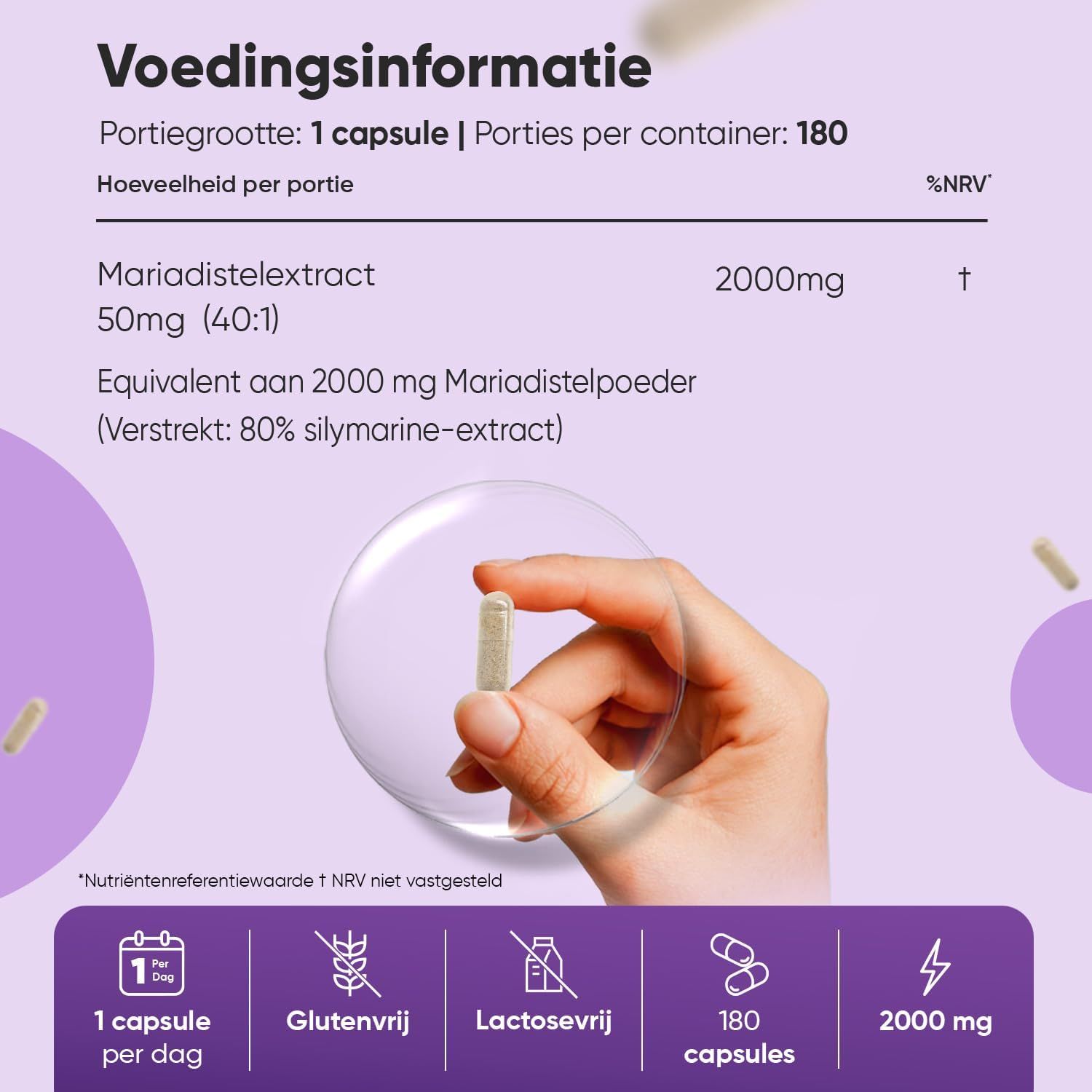 Voedingsinformatie: 1 capsule per portie, 180 porties per verpakking. Mariadistelextract 50mg (40:1) staat gelijk aan 2000mg poeder.
