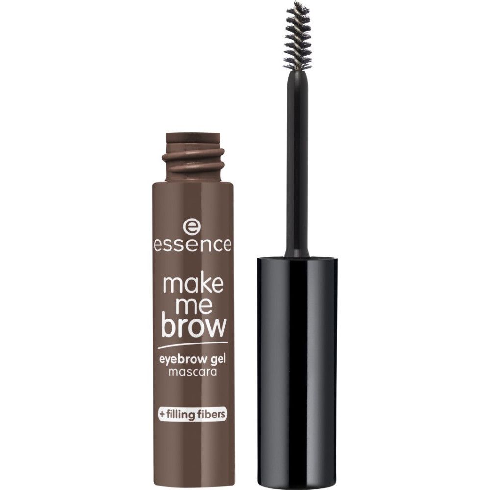 Mascara gel pour sourcils avec brosse. Tube marron et bouchon noir. Nom du produit et marque visibles.