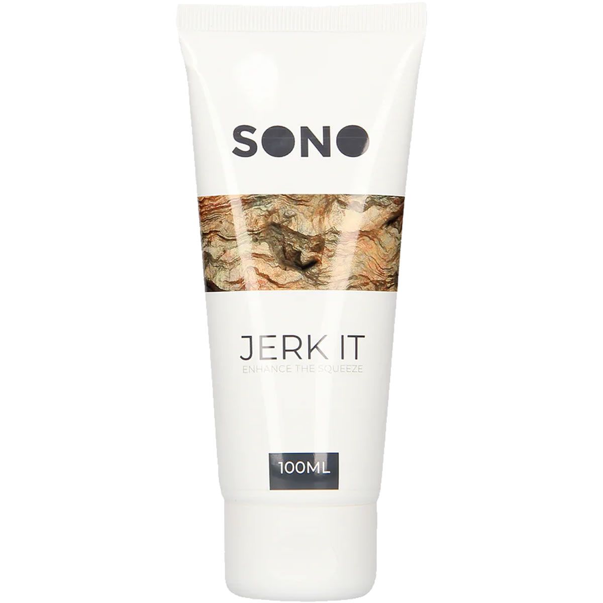 Tube blanc avec logo SONO et inscription JERK IT. Indication 100 ml. Zone texturée marron.