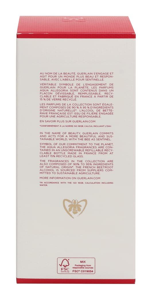 Verpakking. Aqua Allegoria. Guerlain. Tekst. FSC-logo. Recyclinginformatie. Tekst in het Frans en Engels.