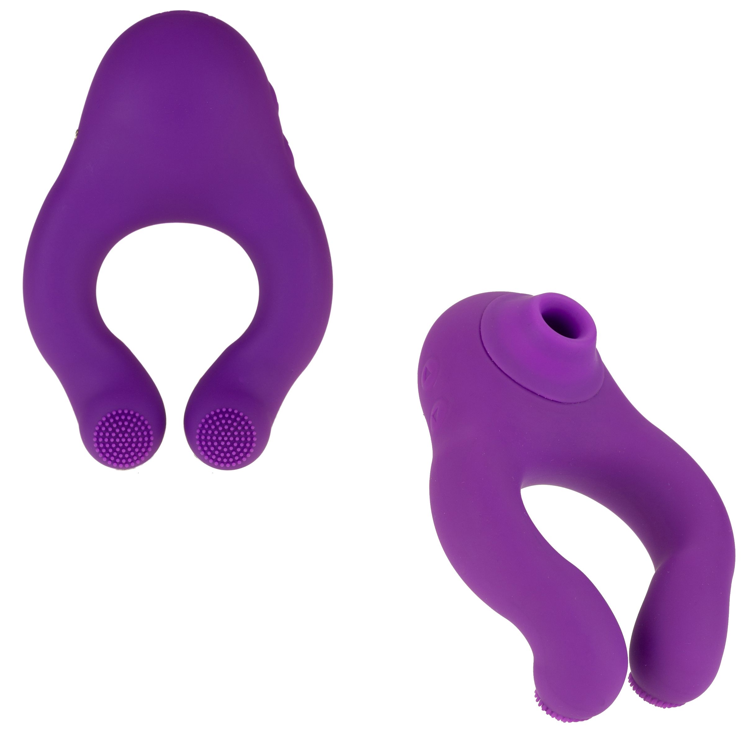 Deux images: Anneau violet en silicone avec ouverture et deux protubérances. Forme en U.