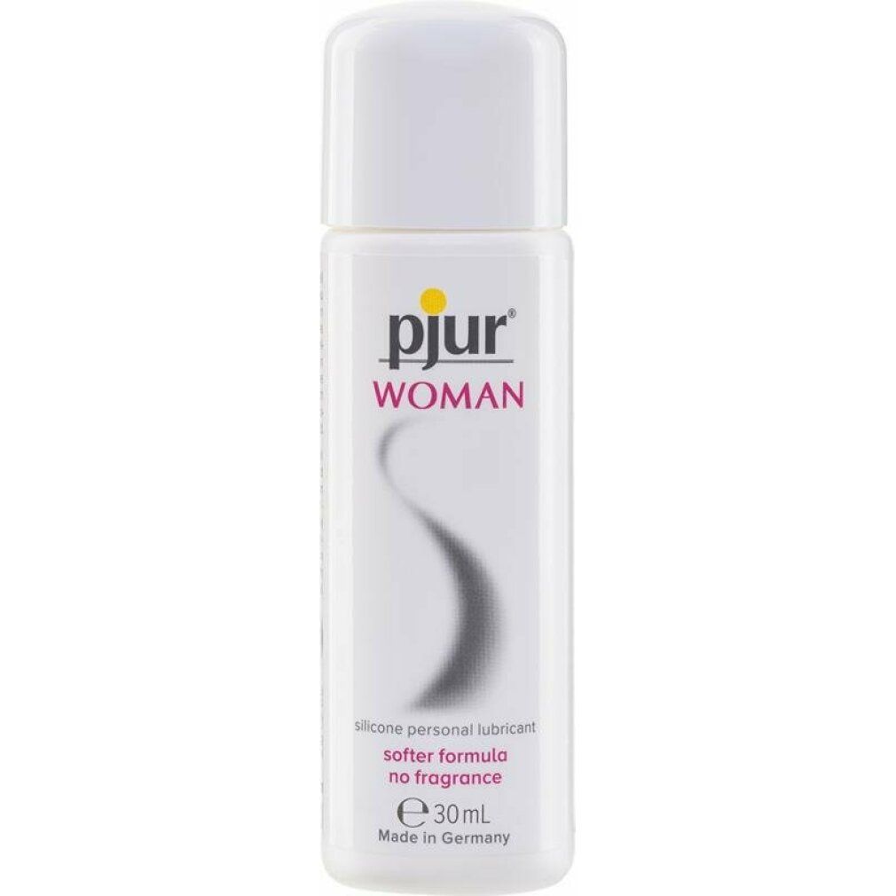 pjur WOMAN, lubrifiant silicone. Flacon blanc, logo jaune. Ligne noire incurvée. Texte: softer formula no fragrance, 30 ml.