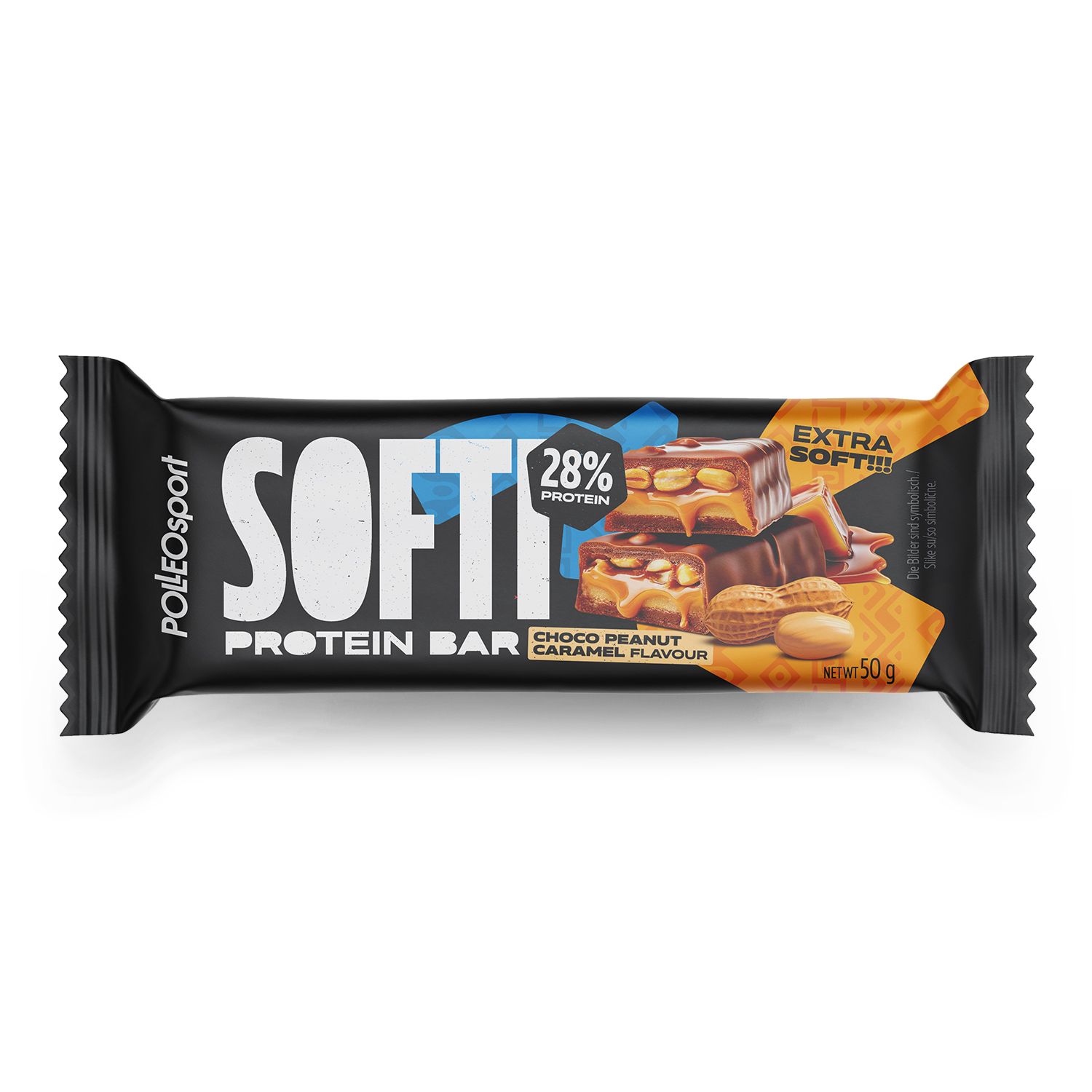 Emballage individuel de barre protéinée. Inscription: SOFTI PROTEIN BAR, logo PolleoSport. Goût: Choco Peanut Caramel.