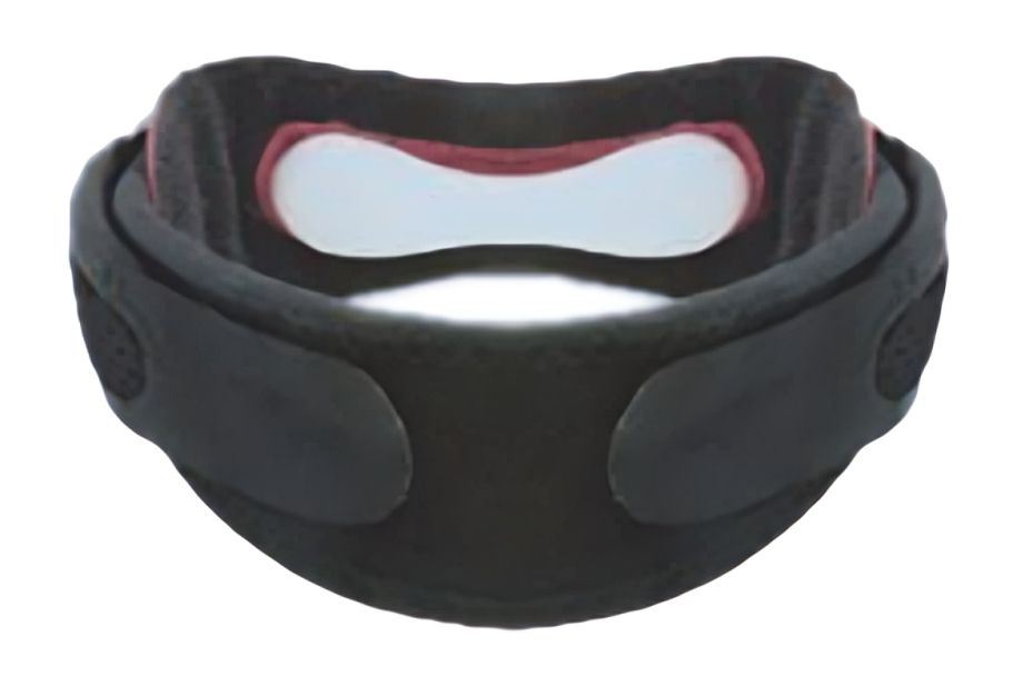 Kniebandage met siliconen drukpad. Zwarte band, rood kussen, witte binnenvoering.