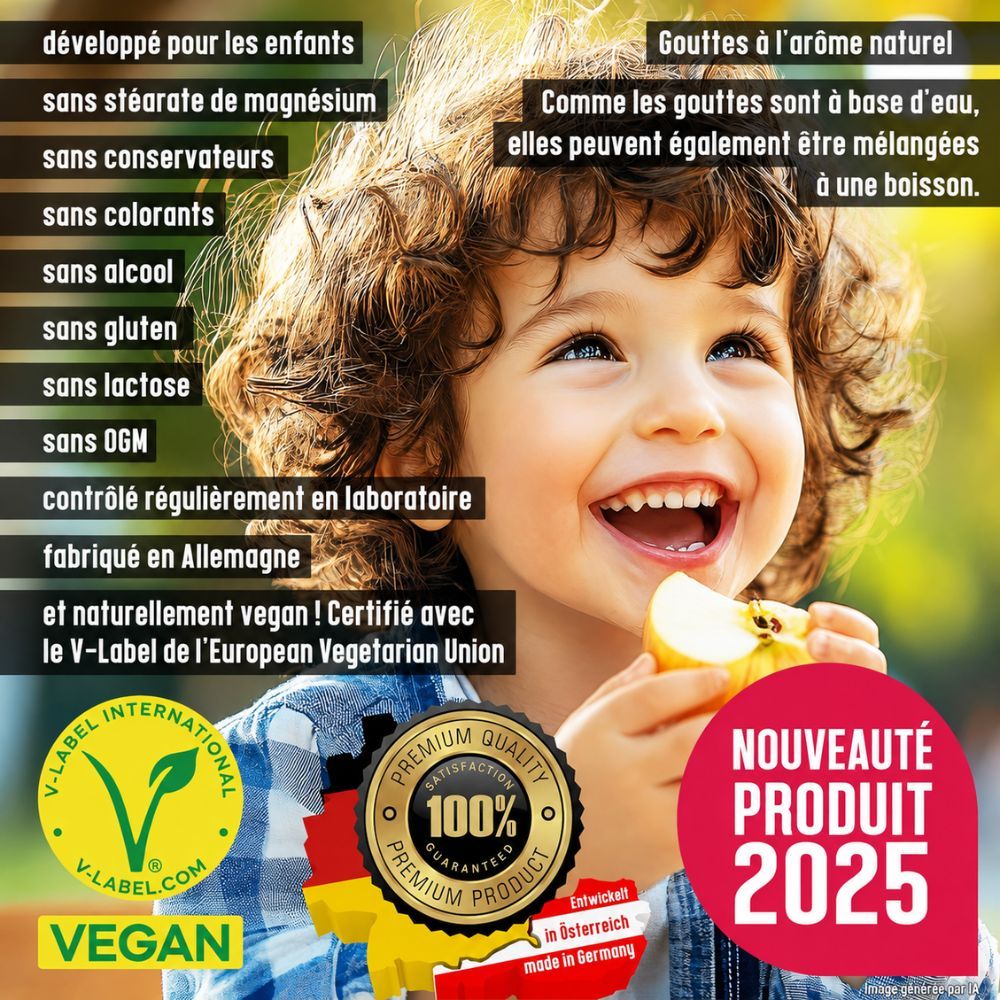 Liste des ingrédients et valeurs nutritionnelles pour gouttes NatureCraft Vegan Kids.