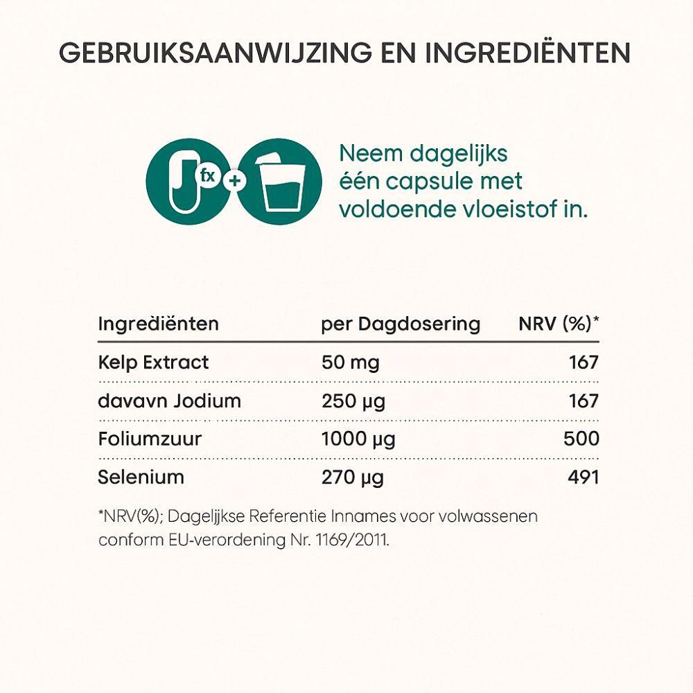Instructies: Neem dagelijks een capsule met vloeistof in. Tabel met ingrediënten en dosering.