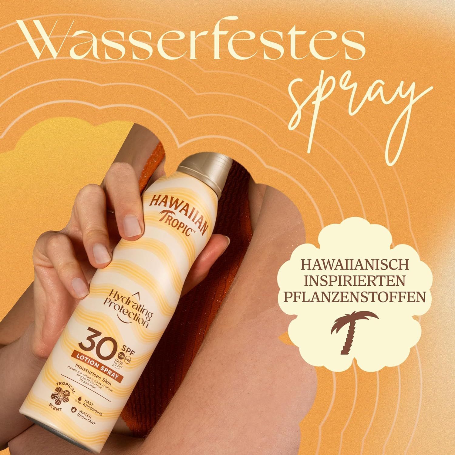 Persoon houdt Hawaiian Tropic zonnebrandspray vast. Tekst: Waterbestendige spray, tropische ingrediënten, SPF 30.