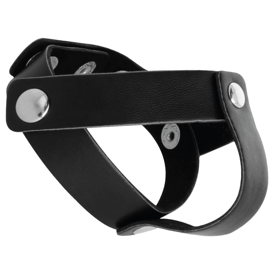 Harnais de pénis en cuir noir avec des rivets argentés, en cuir.