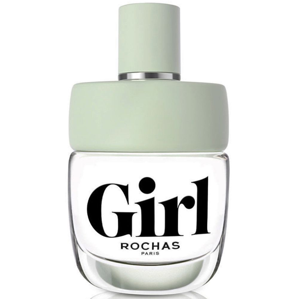 Girl Eau de Toilette Spray. Flacon vert clair avec lettrage noir. "Girl" et "Rochas" sont visibles.