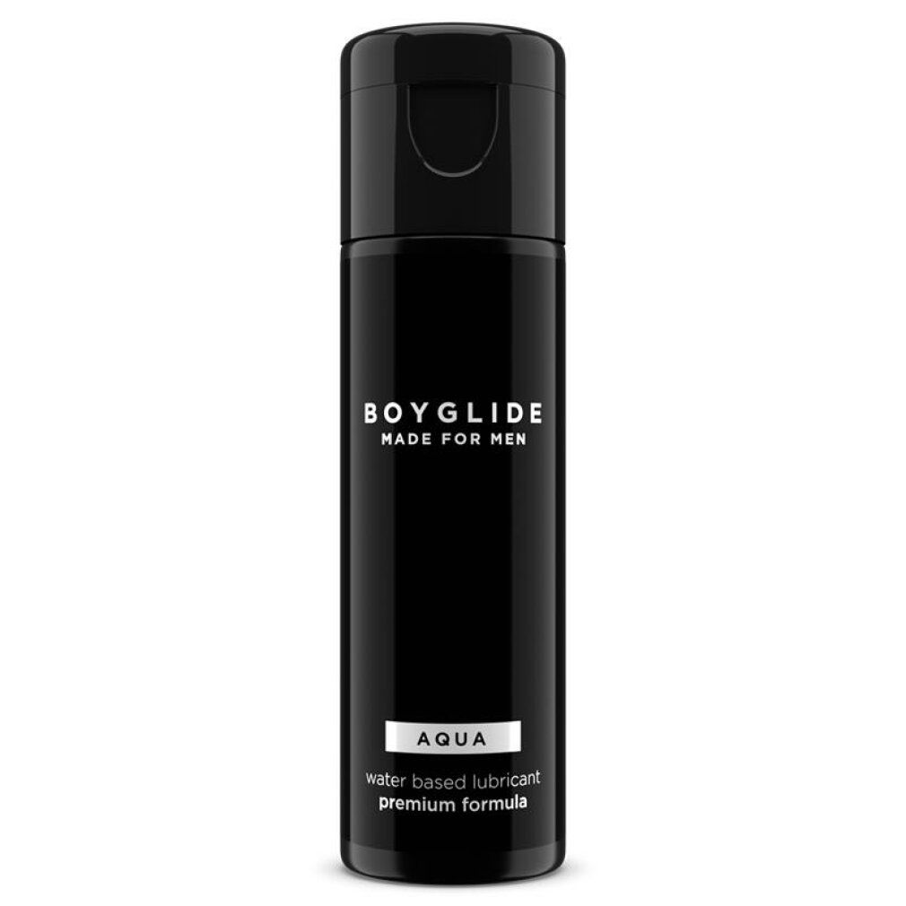 Flacon noir avec bouchon rabattable. Inscription: BOYGLIDE MADE FOR MEN, AQUA, water based lubricant, premium formula.
