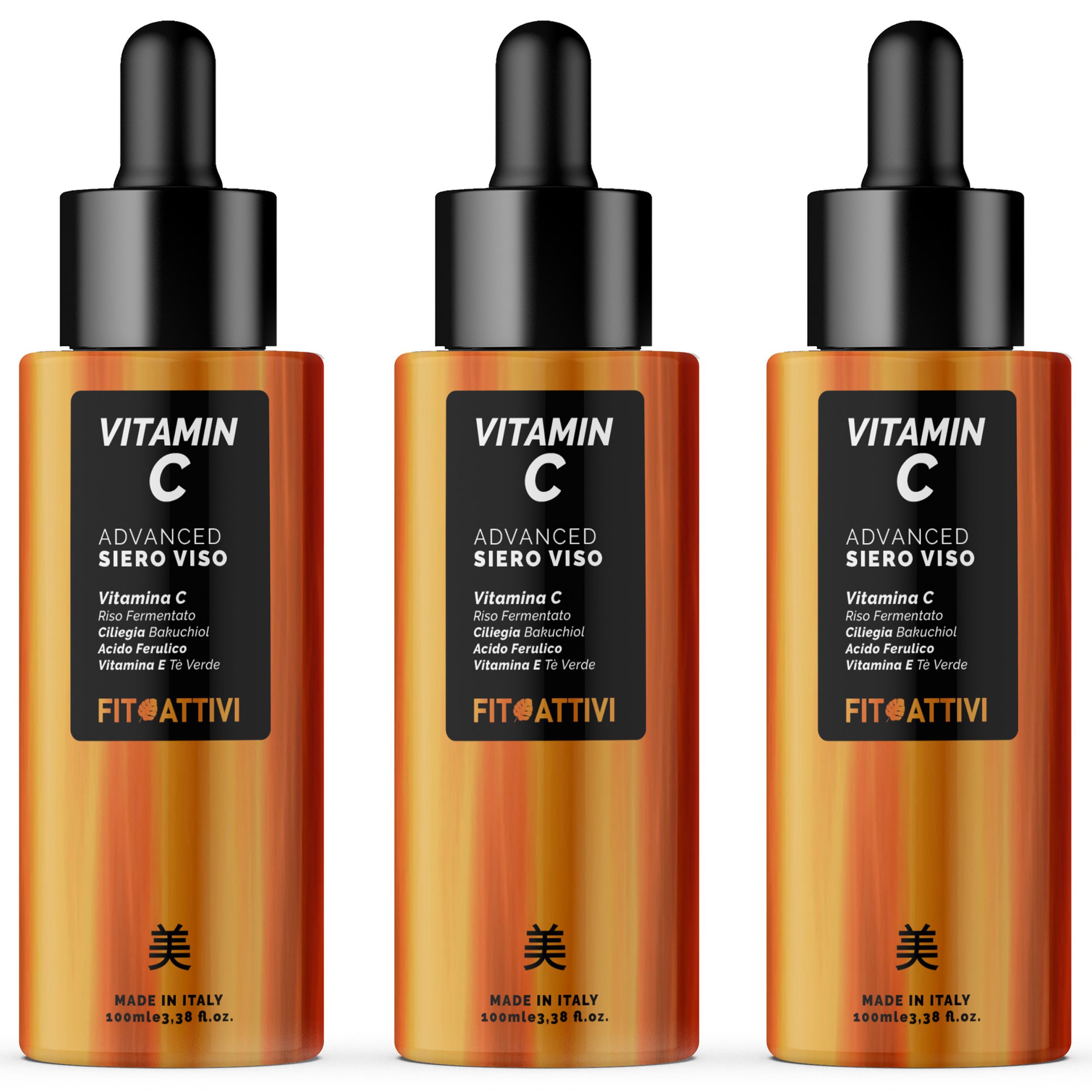Drie flessen met zwarte dop en pipet. Opschrift: Vitamin C, Advanced Siero Viso. Merk: Fitoattivi.