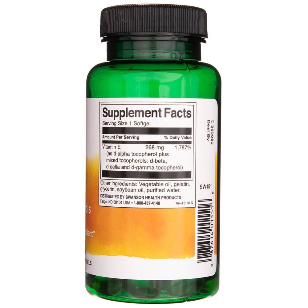 Achterkant van een groene fles met SWANSON Vitamine E gemengde tocoferolen, Supplement Facts.