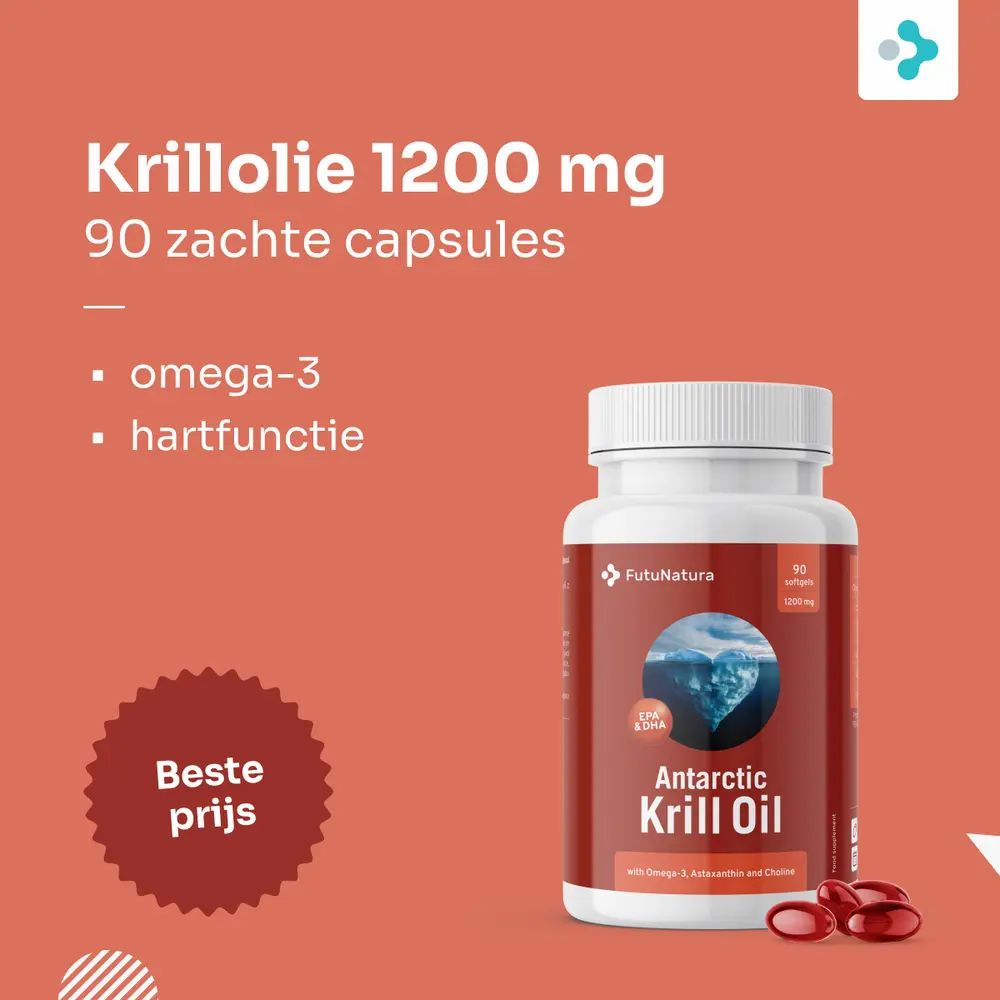Verpakking krillolie met rode capsule. Opschrift: Krillolie 1200 mg, 90 zachte capsules. Omega-3, hartfunctie.