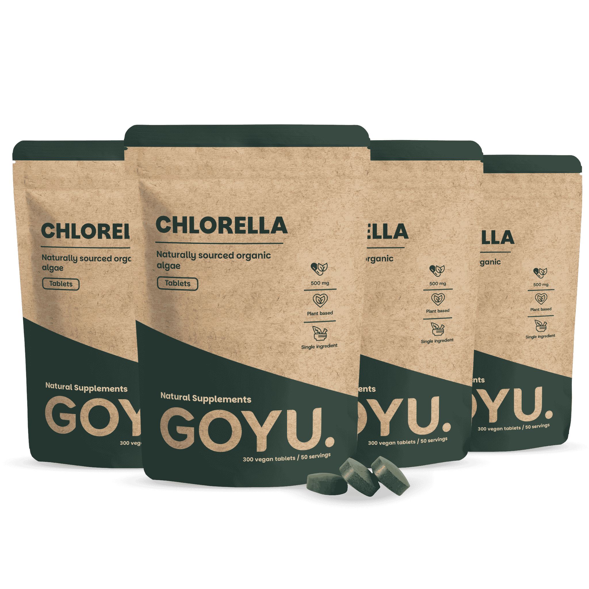 Vier verpakkingen Chlorella tabletten, 300 stuks per verpakking. Natuurlijk voedingssupplement.