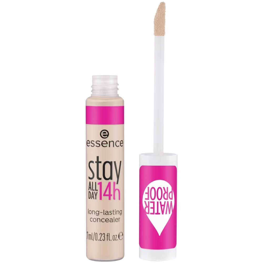 Correcteur liquide avec applicateur. Inscription: Essence, Stay All Day 14h, long-lasting concealer, waterproof. Teinte: beige clair.