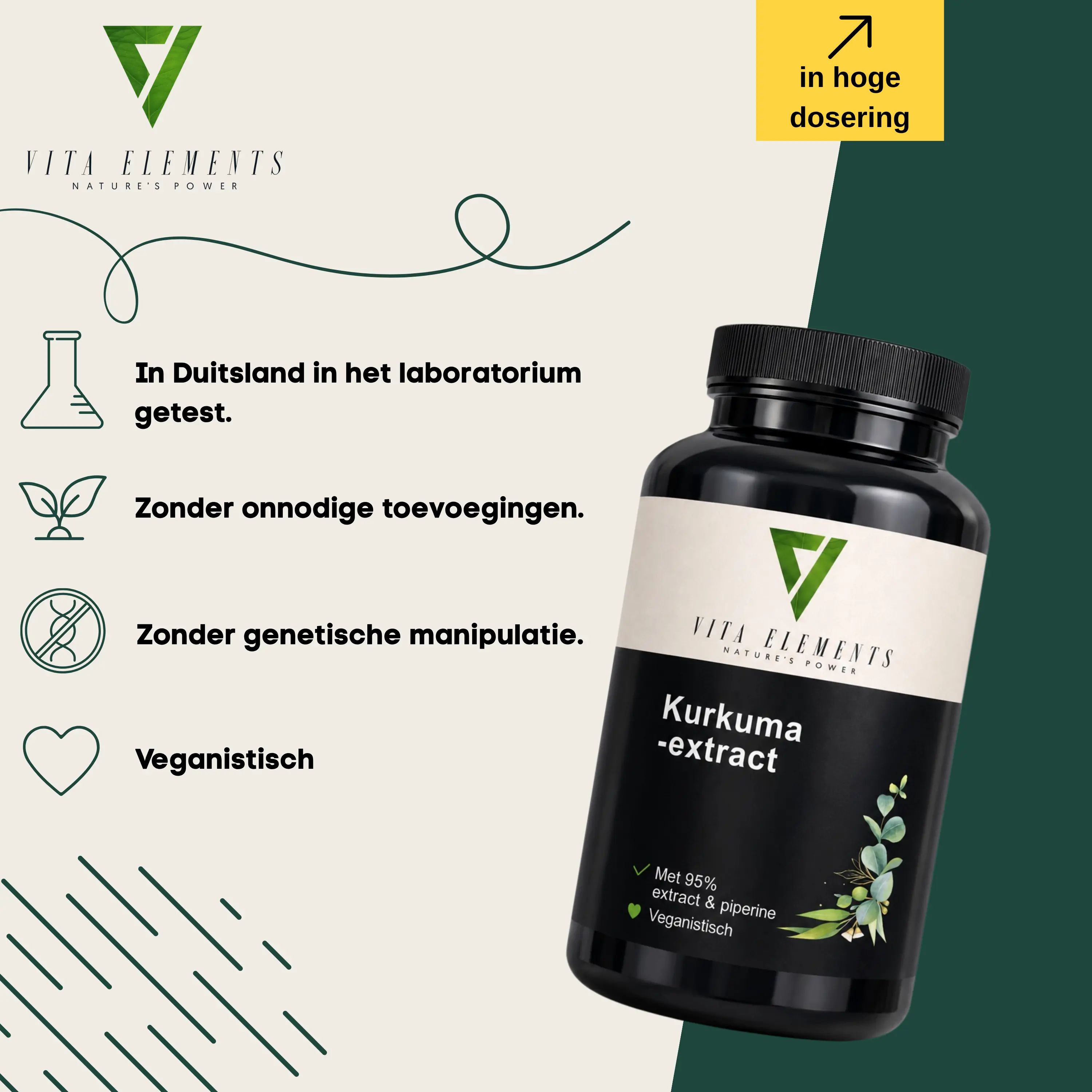Vita Elements Kurkuma Extract: Informatie over ingrediënten, laboratoriumtesten en veganistische productie. Zonder onnodige toevoegingen.