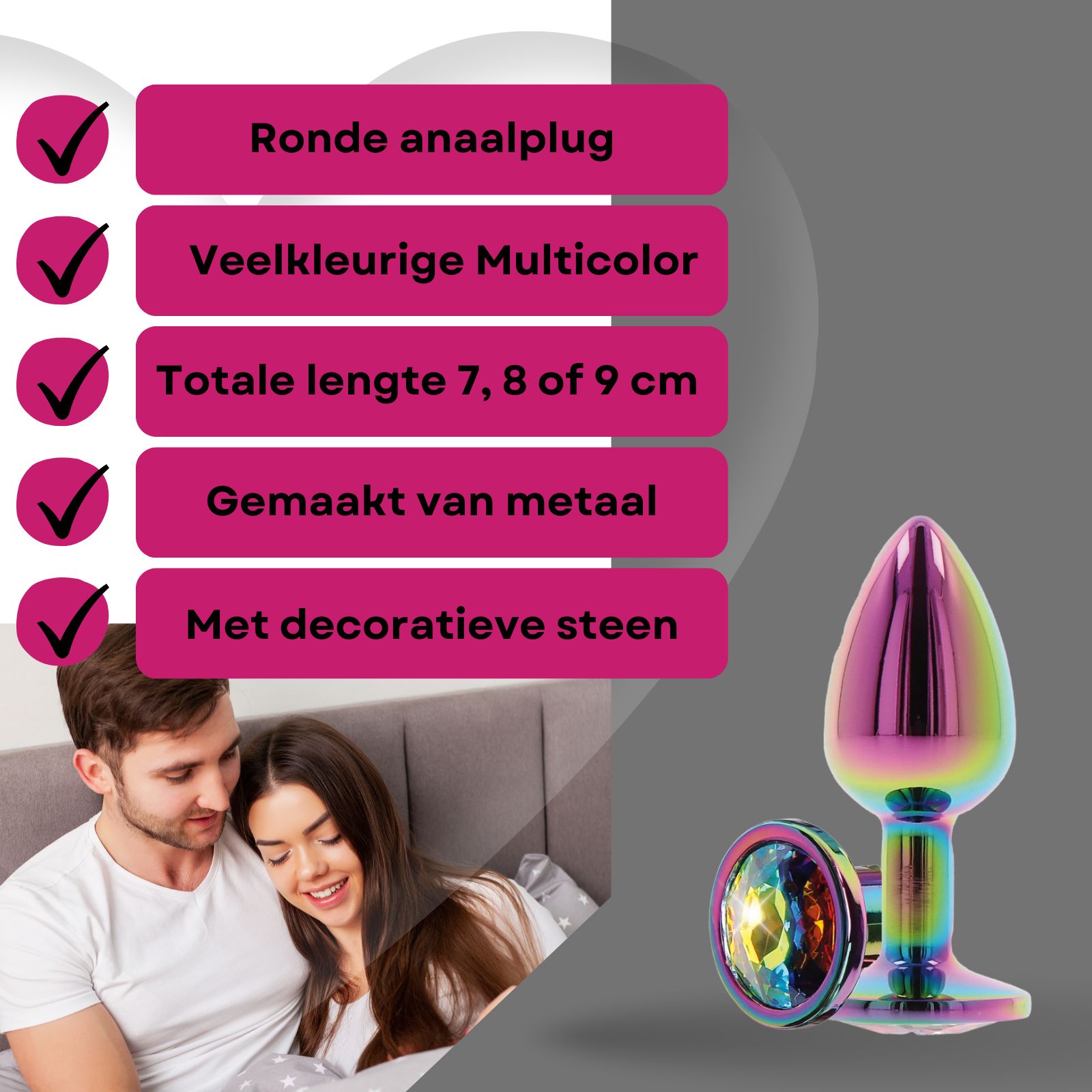 Productafbeelding met tekst: Ronde anale plug, kleur: Multicolor, totale lengte 7, 8 of 9 cm, metaal, siersteen.
