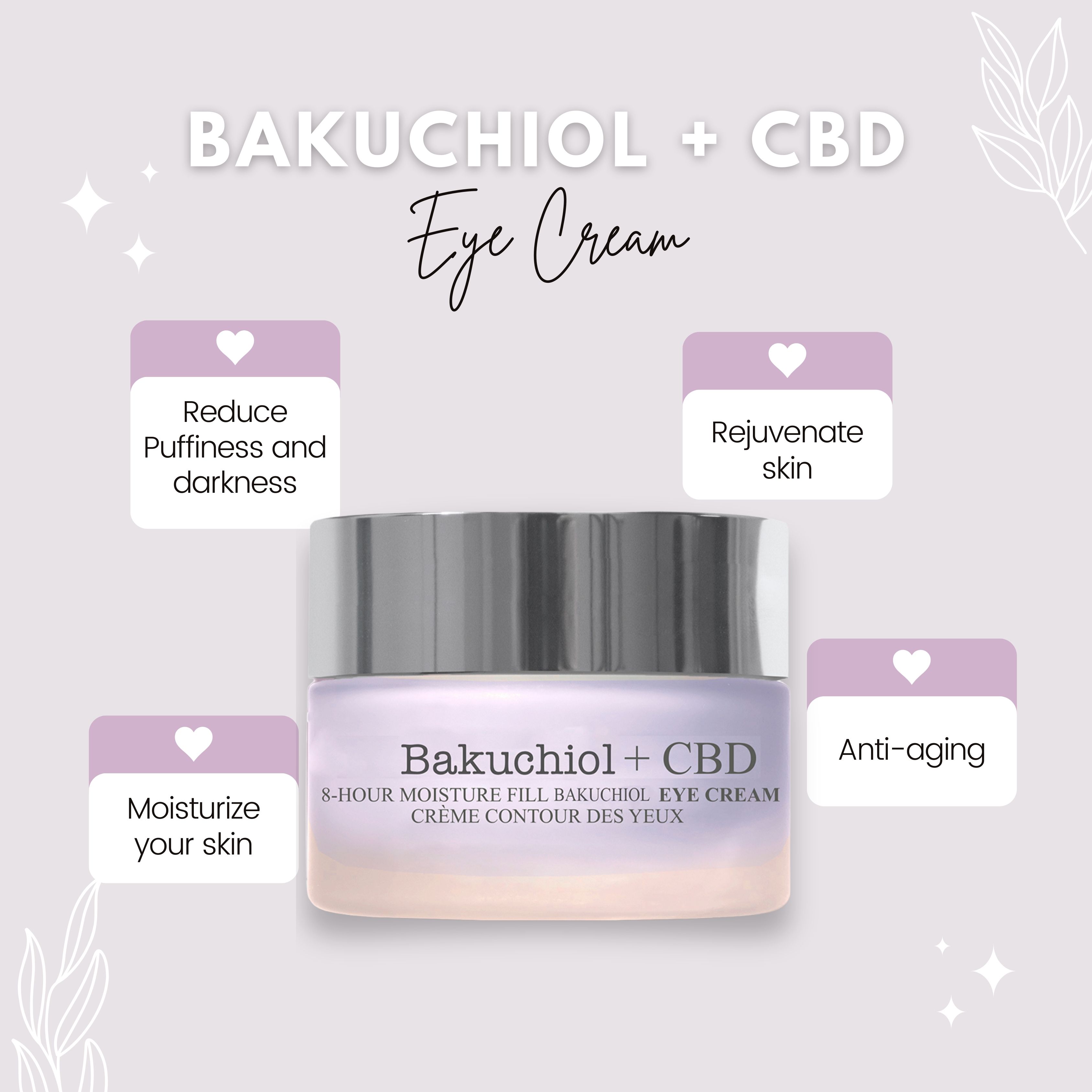 Oogcrème pot. Opschrift: Bakuchiol + CBD, 8-Hour Moisture Fill Bakuchiol Eye Cream. Tekst omringd door iconen.