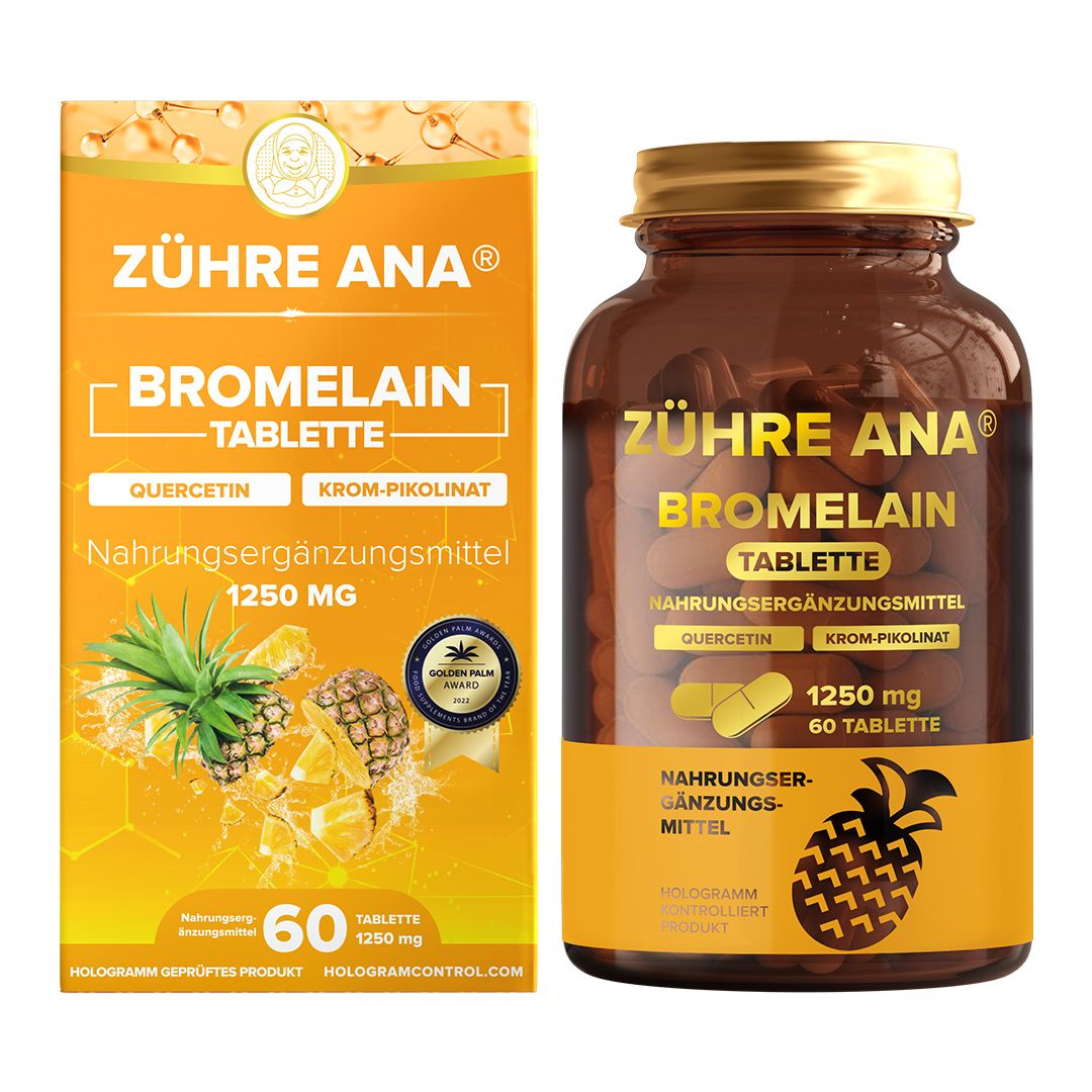 Gélules Zühre Ana Bromélaïne : Flacon en verre brun et boîte pliante orange avec motif ananas.