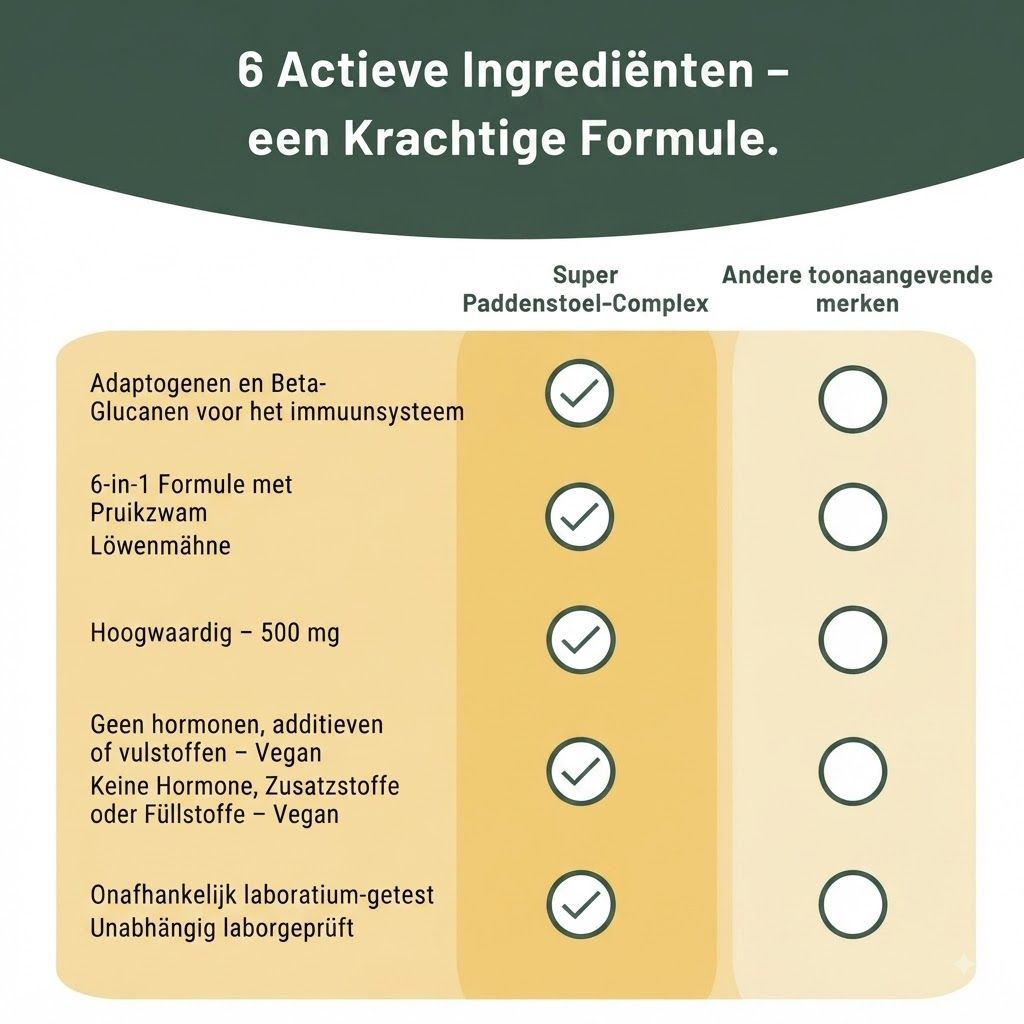 Vergelijkingstabel met 6 actieve ingrediënten. Toont voordelen zoals adaptogenen, 500 mg, vegan, hormoonvrij en laboratorium getest.