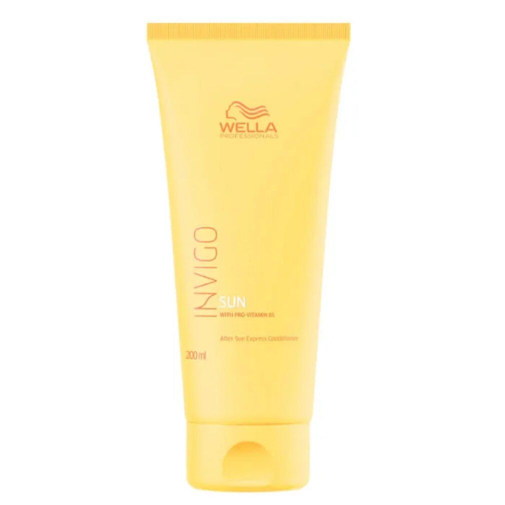 Tube jaune de Wella Invigo Sun Conditioner. Nom du produit, texte et logo visibles. 200ml.