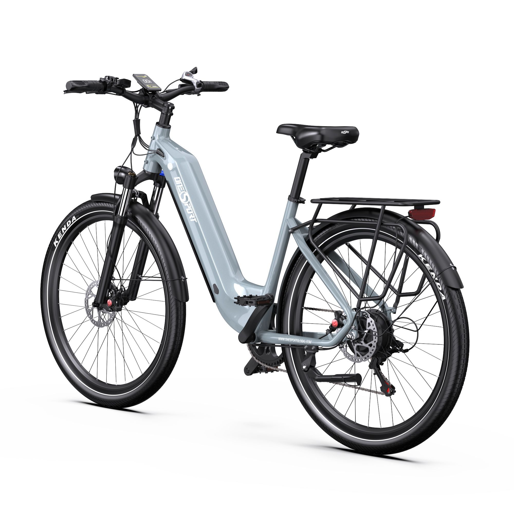 Vélo électrique gris, vue arrière. Porte-bagages, selle et pneus noirs. Marque ONESPORT.