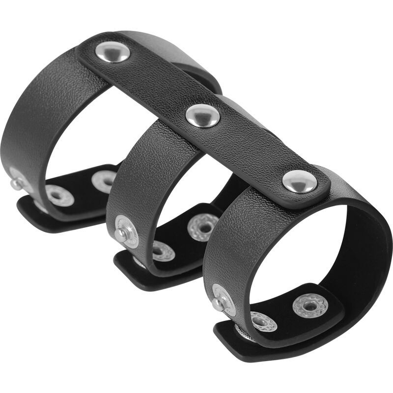 Verstelbare penis- en balring van zwart imitatieleer, drie ringen met drukknoopsluitingen.