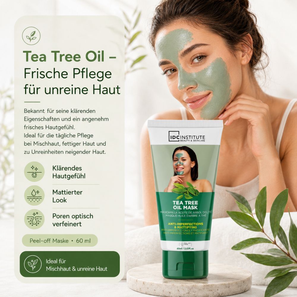 Tube vert de masque visage à l'huile d'arbre à thé, 60 ml. Femme avec masque sur le visage.