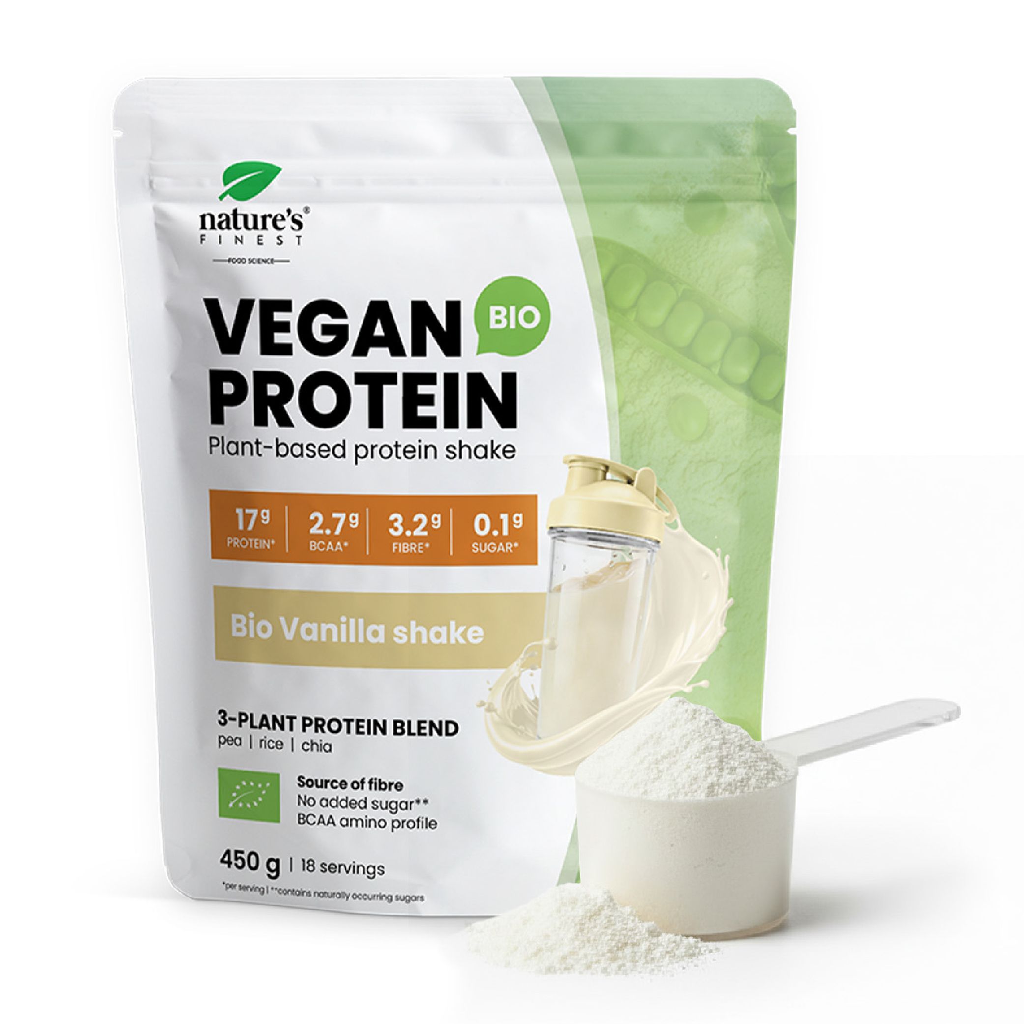 Nature's Finest Bio Vanilla Vegan Protein Shake met maatschepje en poeder.