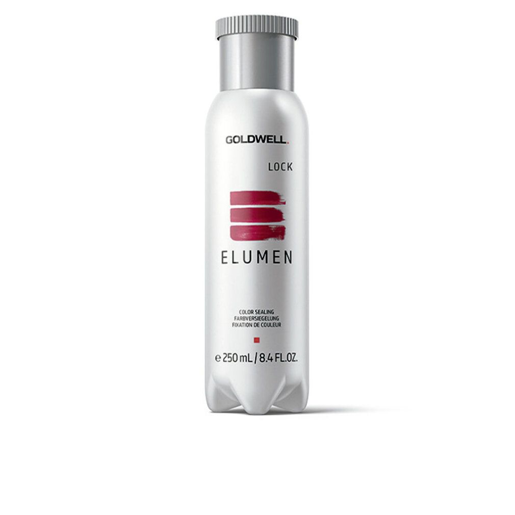 Goldwell Elumen Lock fles. Wit, zilveren dop. Rode strepen en Elumen tekst. 250 ml.