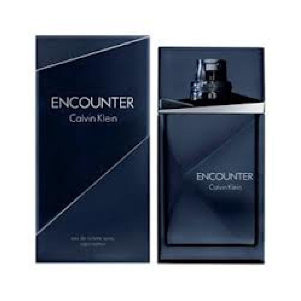 Donkerblauwe verpakking en flacon. Opschrift "ENCOUNTER" en "Calvin Klein". Eau de toilette.