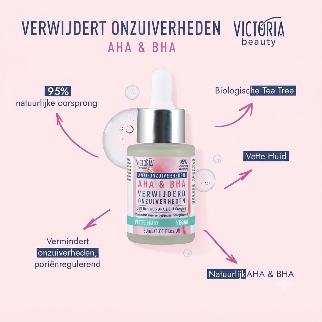 Victoria Beauty AHA & BHA serumflesje met pipet, 30ml. Natuurlijke oorsprong, biologische Tea Tree.