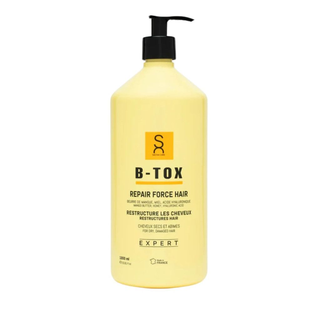 Flacon jaune avec pompe noire. Inscription: B-Tox, Repair Force Hair. Pour cheveux secs et abîmés. Expert.