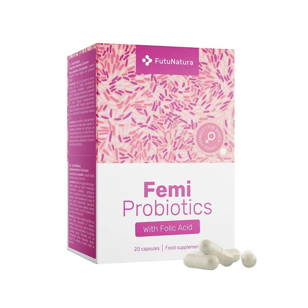 Boîte FutuNatura Femi Probiotics et gélules. Texte: Femi Probiotics with Folic Acid. 20 capsules. Complément alimentaire.