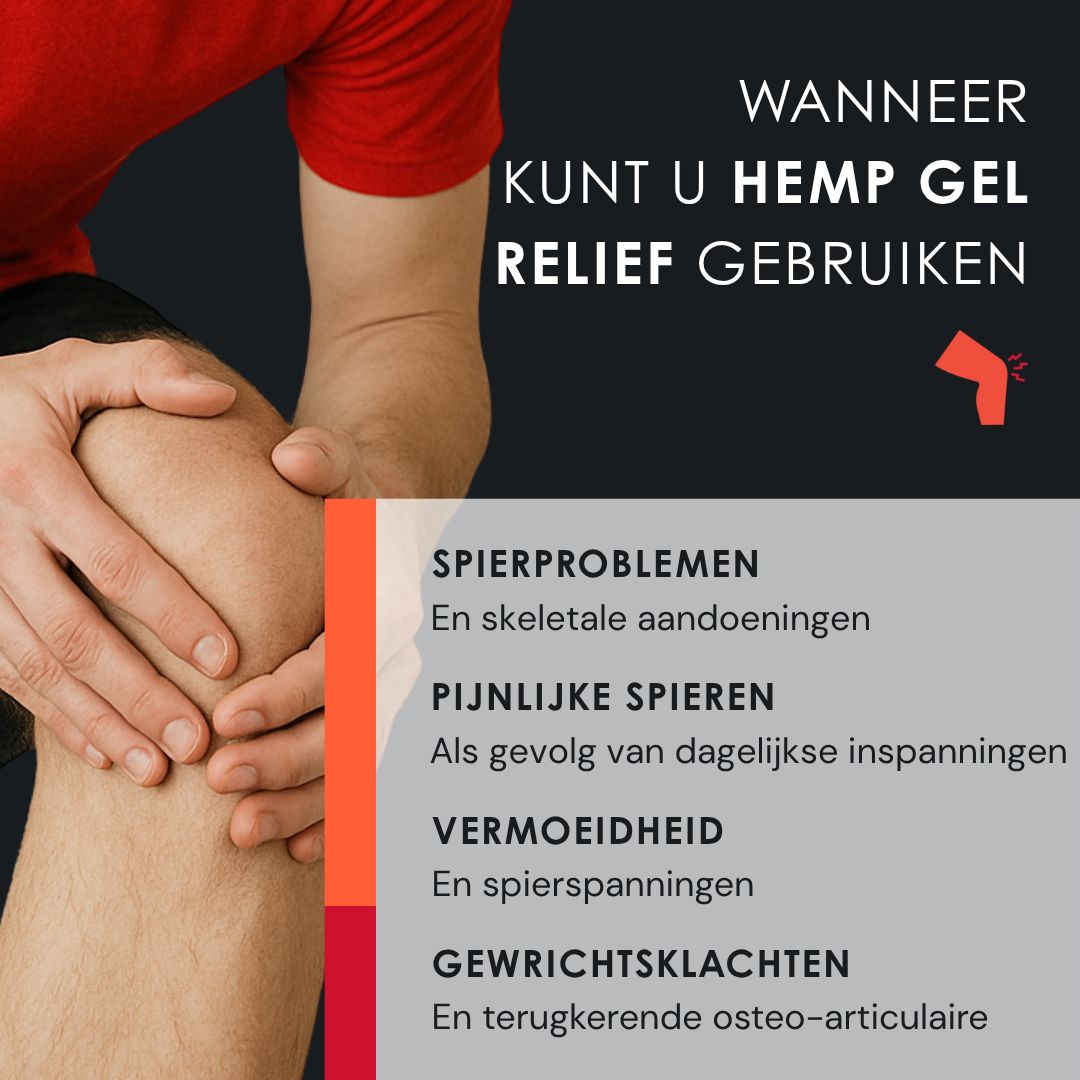 Man met knie. Tekst: Wanneer kunt u HEMP GEL RELIEF gebruiken? Spierproblemen, pijn, vermoeidheid, gewrichtsproblemen.