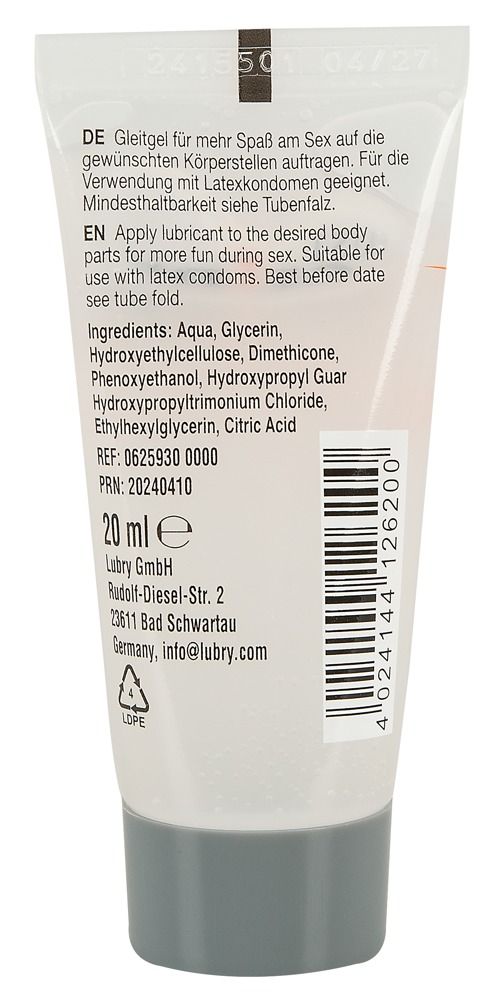Achterkant van een tube transparante gel. Meertalige tekst. Ingrediënten en CE-markering.