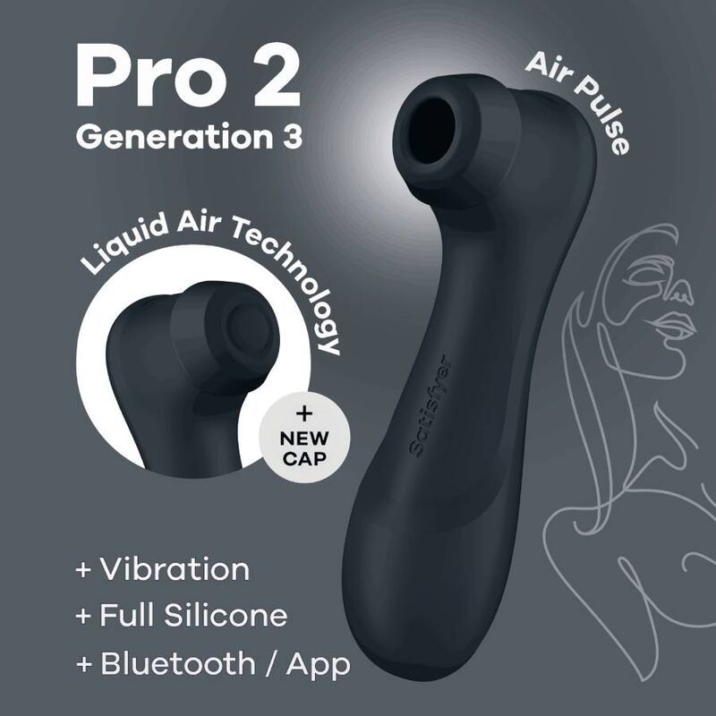 Appareil bleu foncé avec embout arrondi. Texte: Pro 2 Generation 3, Air Pulse, Liquid Air Technology, + New Cap, + Vibration, + Full Silicone, + Bluetooth / App.