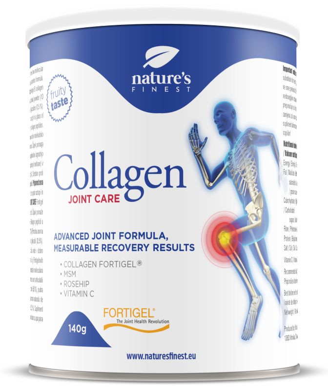 Boîte Nature's Finest Collagen JointCare. Inscription: Collagen Joint Care, MSM, vitamine C. Illustration d'un homme avec des douleurs articulaires.