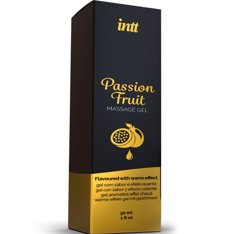 Intt Passion Fruit massagegel kartonnen verpakking met zwart en goudkleurig voorpaneel.
