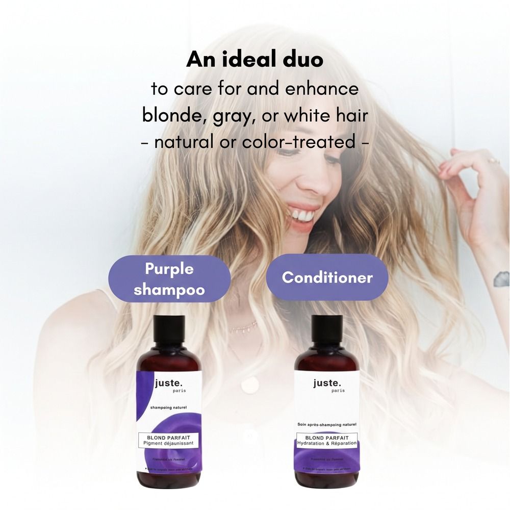 Deux bouteilles : shampoing violet et après-shampoing pour cheveux blonds, gris ou blancs.