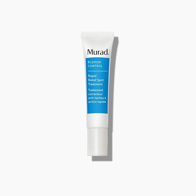 Witte tube met blauwe streep. Opschrift Murad, Blemish Control, Rapid Relief Spot Treatment. Franse vertaling.