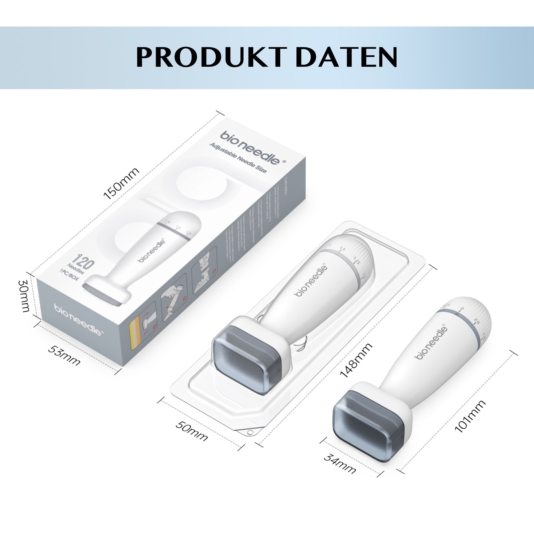 Productverpakking en twee apparaten met verstelbare naaldlengte. Afmetingen vermeld.