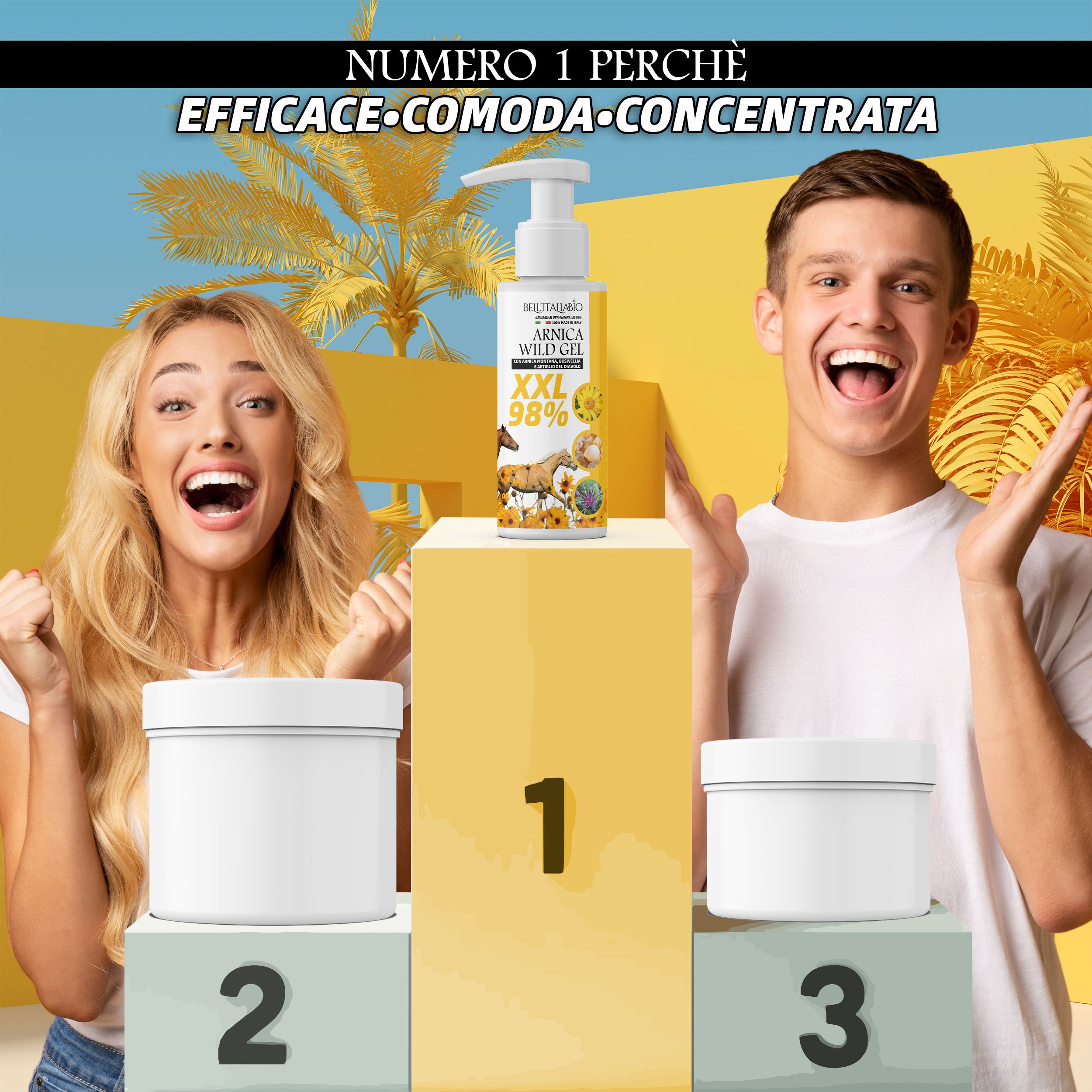 Twee mensen juichen voor podium met product. Op podium: gelfles met pomp. Tekst: Numero 1 perché efficace-comoda-concentrata.