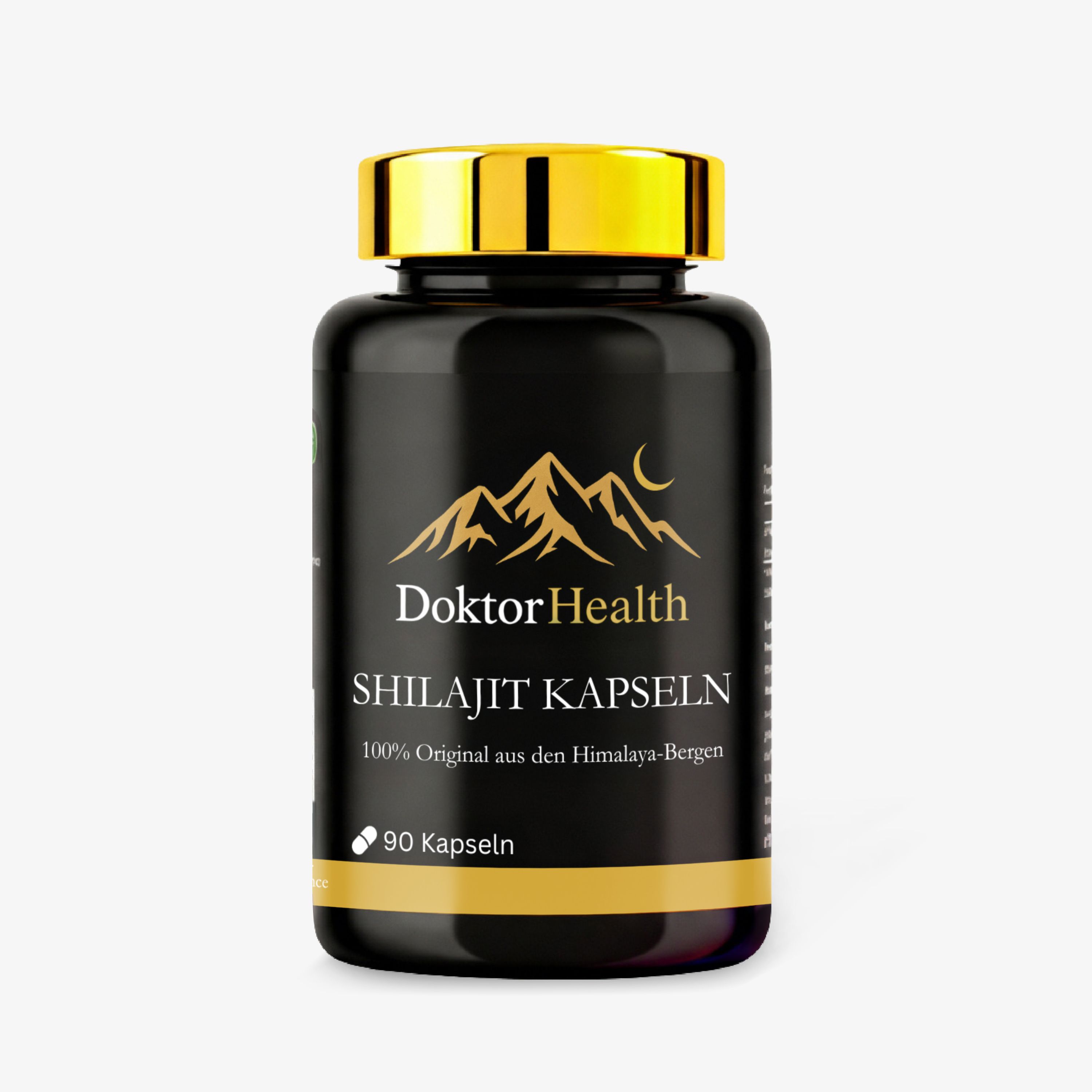 Zwarte fles met gouden dop. Opschrift: Doktor Health Shilajit Kapseln.