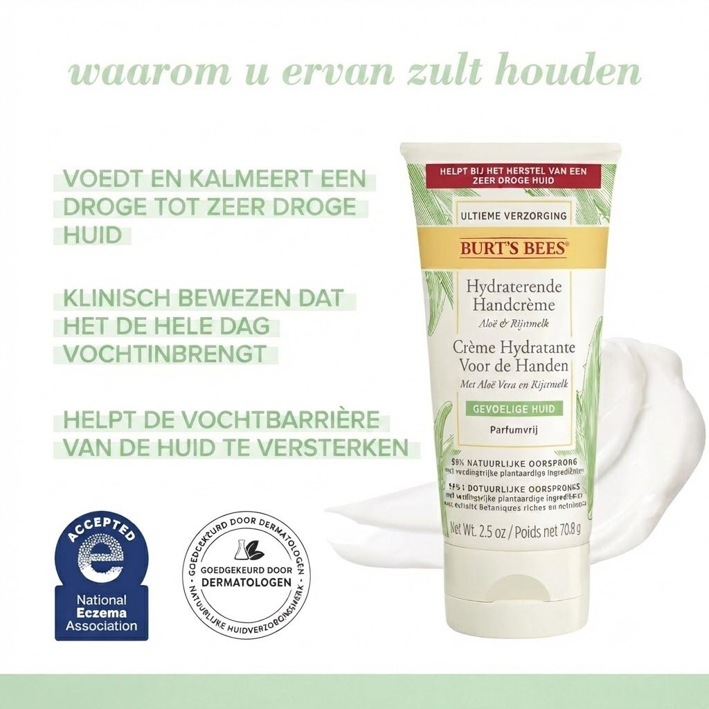 Burt's Bees handcrème tube met aloë vera en rijstmelk.